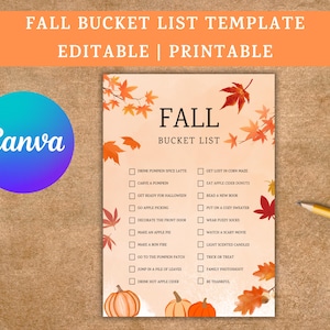 May include: A printable fall bucket list template featuring a light orange background with watercolor autumn leaves and pumpkins. The text reads FALL BUCKET LIST followed by a checklist of seasonal activities. A blue pencil and a yellow pencil are visible.
