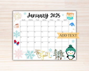 Editable January Calendar 2025, Printable Wall Calendar 2025, Happy New Year Calendar, School Calendar, Classroom Calendar, January Planner