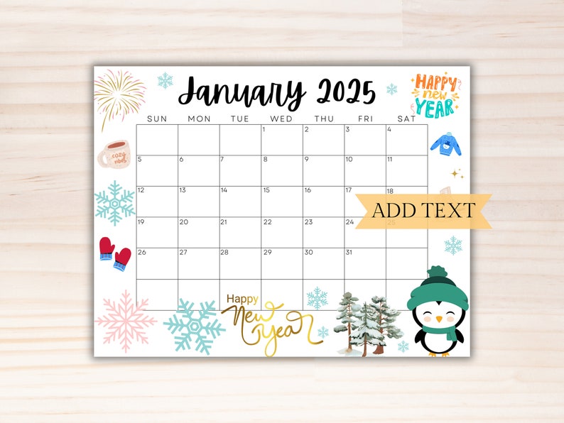Editable January Calendar 2025, Printable Wall Calendar 2025, Happy New Year Calendar, School