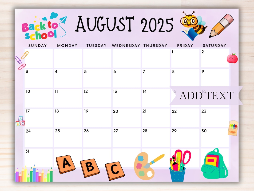 Editable August 2025 Calendar, Printable Back to School Calendar at W