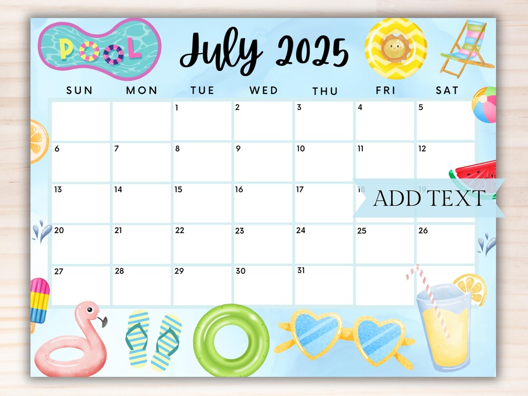 PRINTABLE July 2025 Summer Calendar, Editable July Calendar, Fillable ...