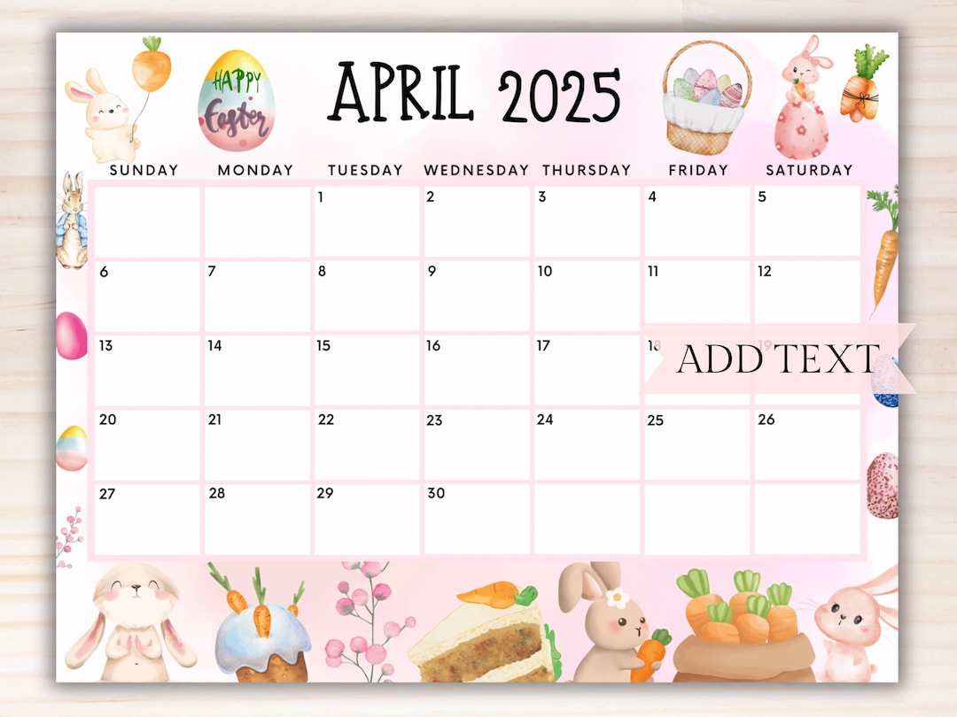EDITABLE April 2025 Calendar, Printable PINK Easter Calendar W/ Easter Bunny, School Calendar