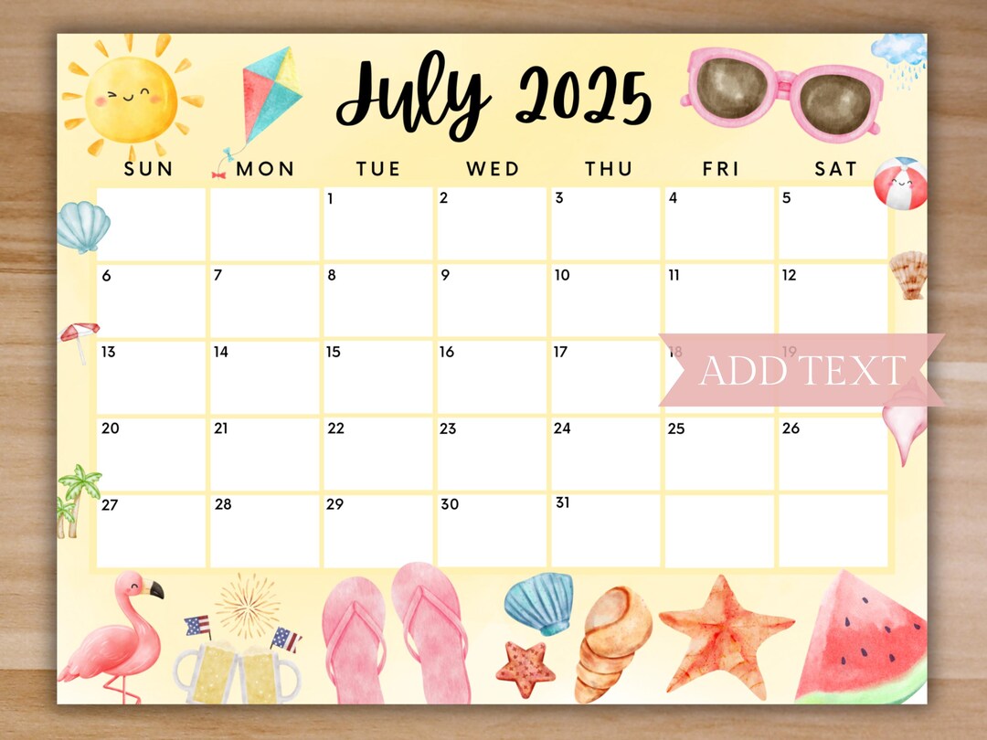 Editable July 2025 Calendar, Printable July Planner, Cute Calendar W