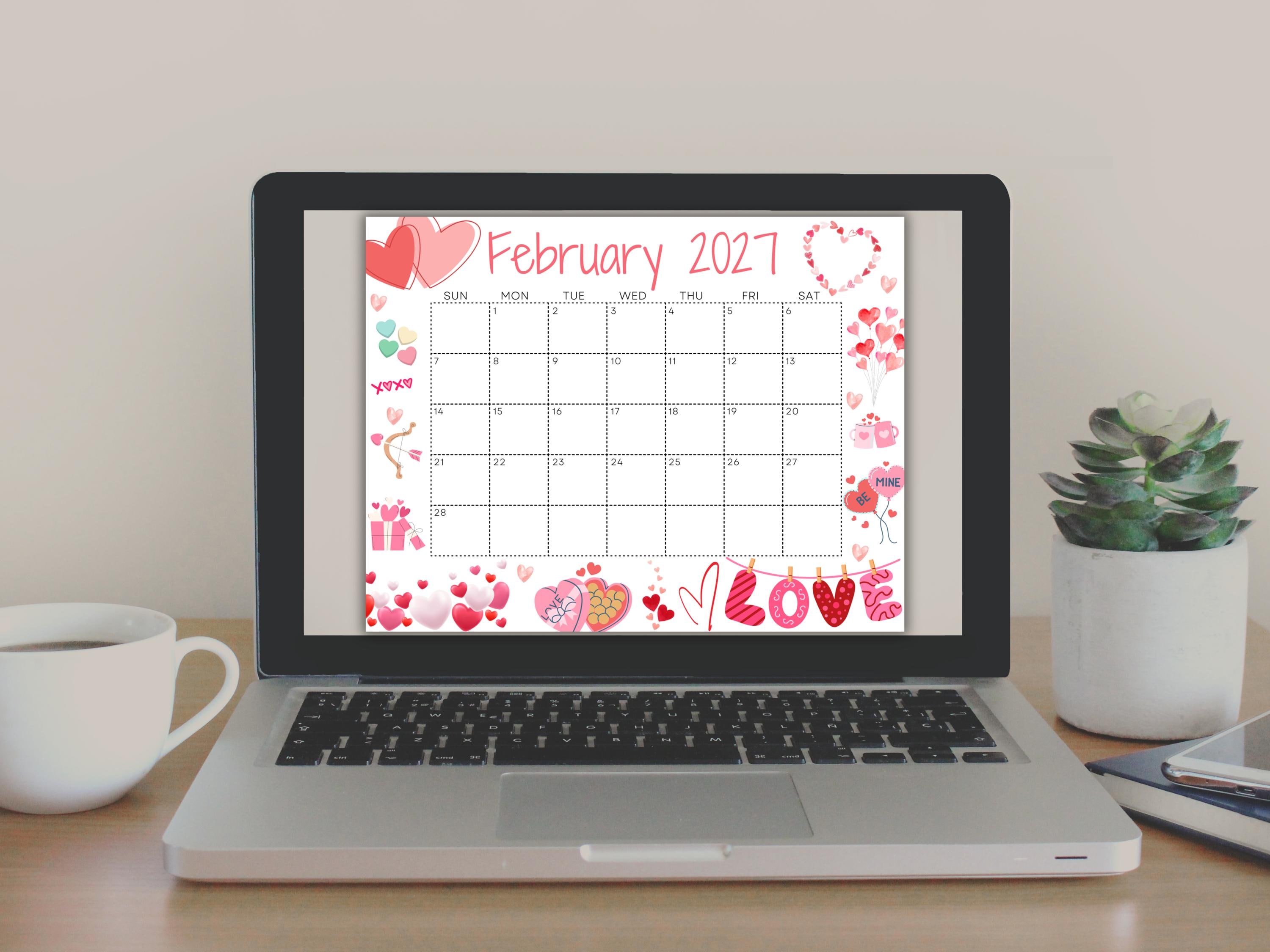 Editable February Calendar 2027, Printable Wall Calendar, Cute Calendar With Love for Valentine's, Classroom Calendar, School Calendar - Etsy