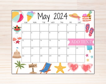 EDITABLE May 2024 Calendar, Printable Calendar 2024, Beautiful Summer Calendar with Sunglasses, Monthly Calendar Planner, Homeschool Planner