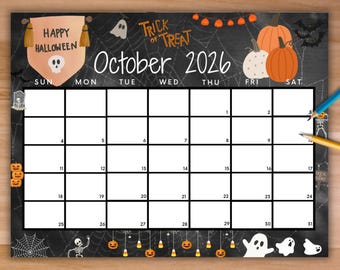 Editable October 2026 Calendar, Printable Halloween Calendar Orange W ...