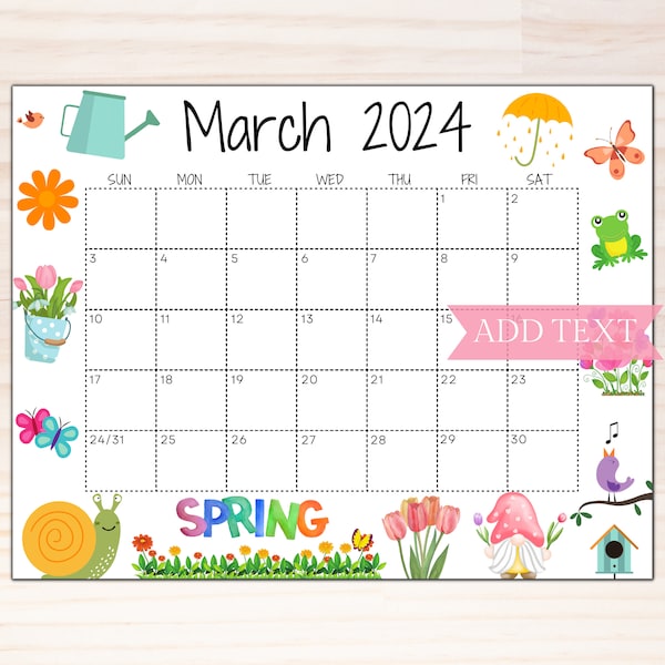 EDITABLE March 2024 Calendar, Printable Wall Calendar 2024, Beautiful Spring Flowers and Animals, Kids Classroom Calendar, Family Calendar