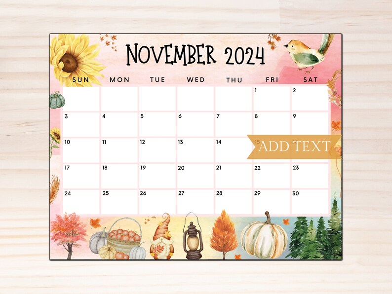 Editable November 2024 Calendar, Printable Calendar 2024, Cute Calendar