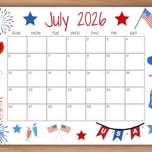 Printable July 2026 Calendar, Editable Summer Calendar, Fourth of July Planner w/ American Flag, Monthly Calendar, Family Calendar Kids