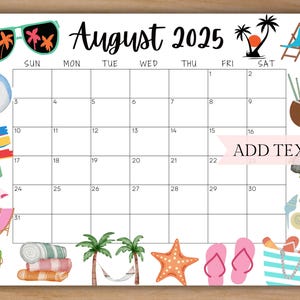 EDITIERBARER Kalender August 2025, druckbarer Sommerkalender, Kinderkalender mit Sonnenbrillen und Flip-Flops, Sommerplaner, Monatskalender