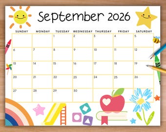 Editable September 2026 Calendar, Printable Calendar w/ Sunny School, Back to School, Academic Planner, Colorful Classroom Calendar Kids