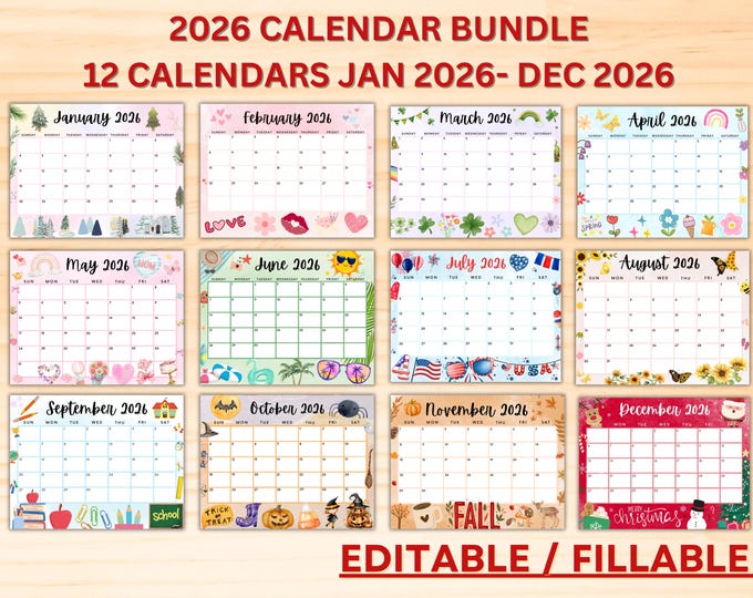 EDITABLE Monthly Calendar 2026 Bundle, Cute Printable Fillable Monthly ...