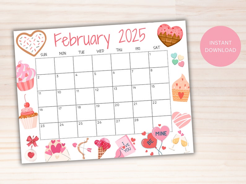 Editable February Calendar 2025, Printable Calendar 2025, Cute Calendar