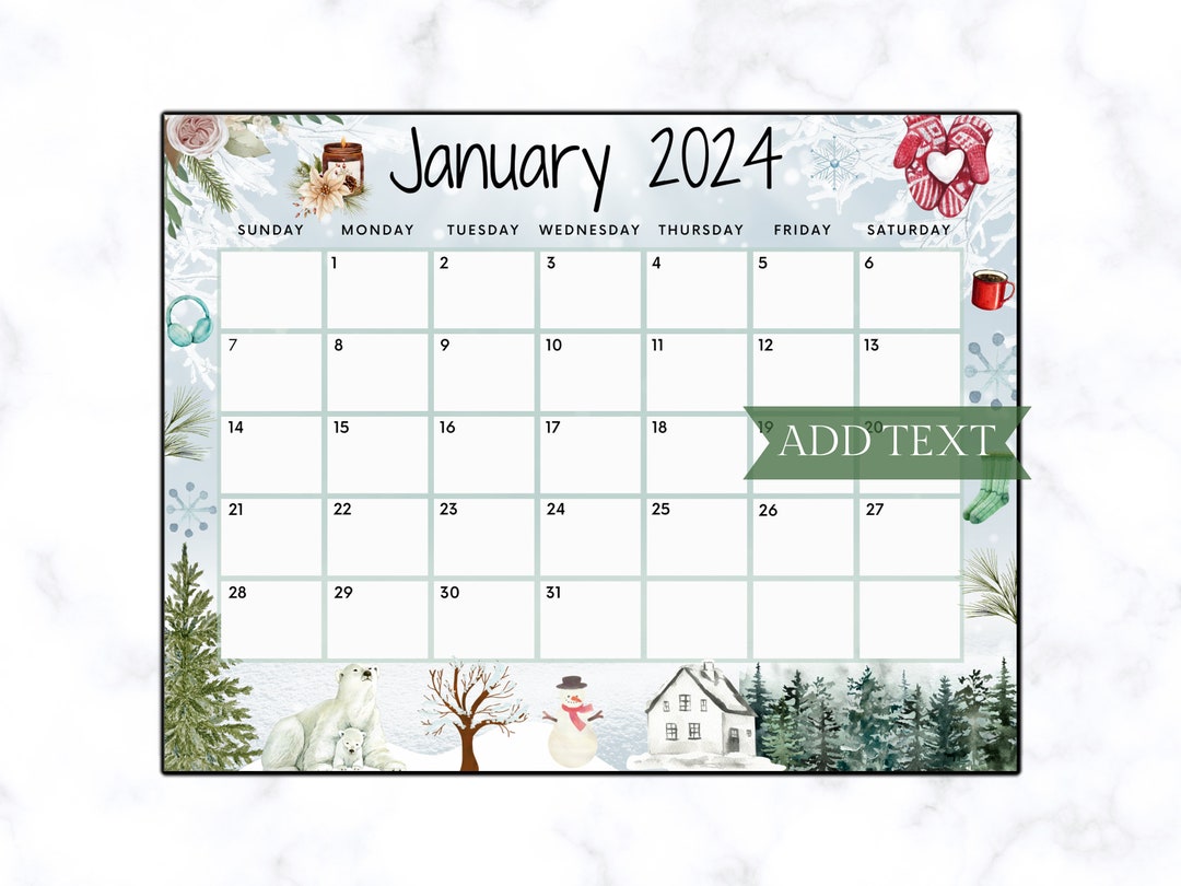 Editable January Calendar 2024 Printable Wall Calendar 2024 Etsy