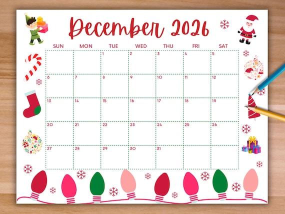 Printable December Calendar 2026, Christmas Calendar ...