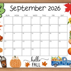Calendario editable de septiembre de 2026, calendario imprimible con girasoles, planificador académico, regreso a clases, calendario de aula, calendario de calabazas