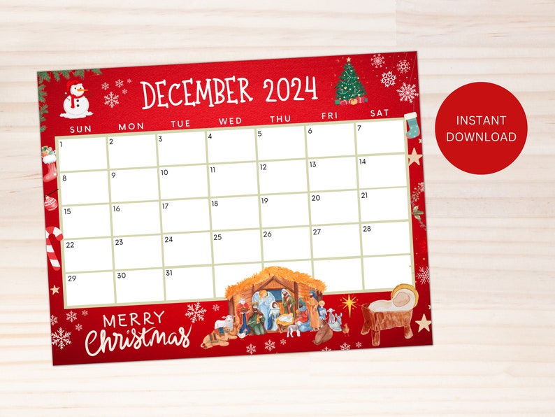 Editable December 2024 Calendar, Printable Merry Christmas Calendar