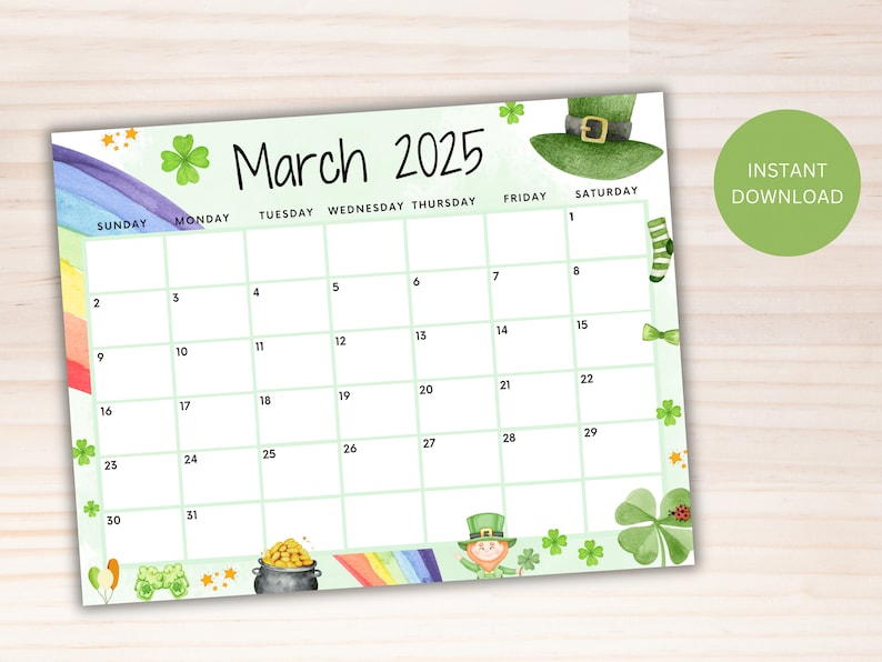 EDITABLE March 2025 Calendar, Printable Rainbow Calendar W/ Happy St