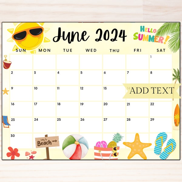 Printable June 2024 Calendar, Editable Calendar w/ Yellow Summer Sun at the Beach, School Schedule, Kids Calendar, Cute Beach Calendar