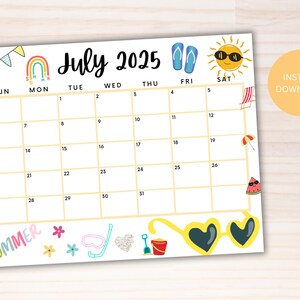 EDITABLE July 2025 Summer Calendar, Printable July Calendar, School ...