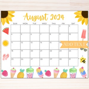 EDITABLE August 2024 Calendar, Printable Calendar 2024, School Calendar, Kids Classroom Calendar, Sunflower Calendar, Summer Planner