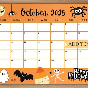 Editable October 2025 Calendar, Printable Spooky Calendar for Happy Halloween w/ Bats Spiders, Monthly Calendar, Spooky Halloween Calendar