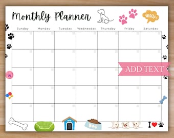 Editable Monthly Planner w/ Dogs, Printable Planner, Kids School Schedule, Cute Monthly Calendar w/ Dogs, Editable Calendar, Dog Lovers