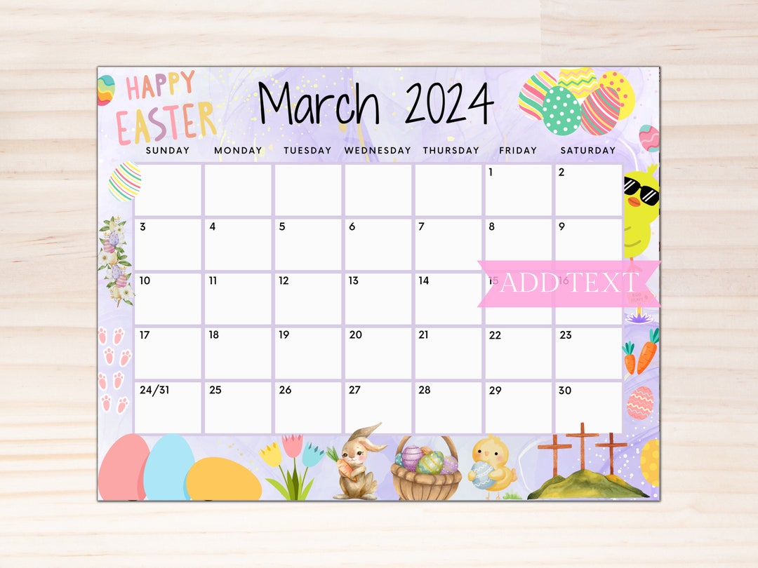 EDITABLE March 2024 Calendar, Printable Wall Calendar 2024, Easter