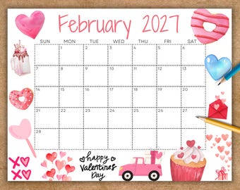 Editable February 2027 Calendar, Printable Valentines Day Planner for Home School Work Office - Etsy