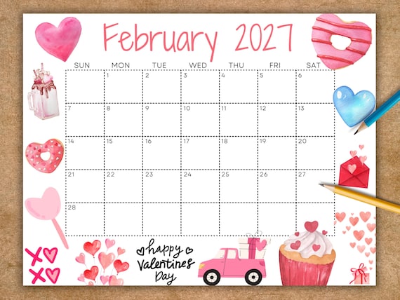 Editable February 2027 Calendar, Printable Valentines Day Planner for Home  School Work Office - Etsy