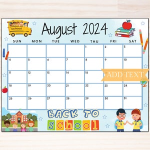 EDITABLE August 2024 Calendar, Printable Calendar 2024, Back to School Calendar, Kids Classroom Calendar, Blue School Calendar