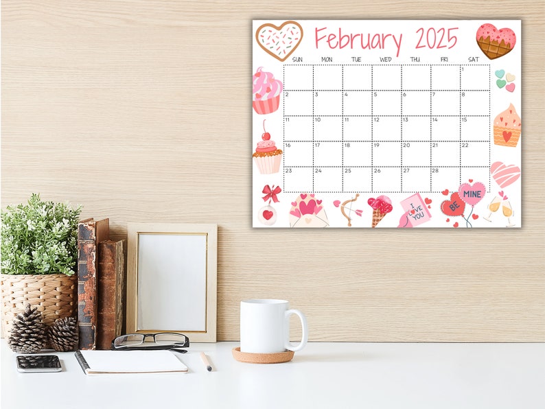 Editable February Calendar 2025, Printable Calendar 2025, Cute Calendar for Valentines Day W