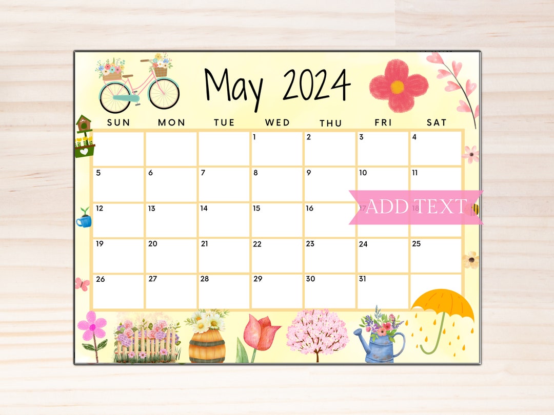 EDITABLE May 2024 Calendar, Printable Calendar, Yellow Spring Calendar