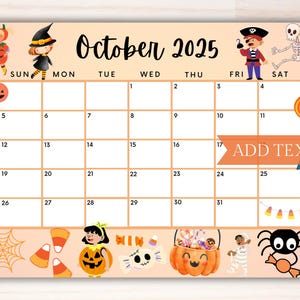 Editable October 2025 Calendar, Printable Calendar, School Calendar, Cute Fall Trick or Treat Calendar, Monthly Calendar, Classroom Calendar