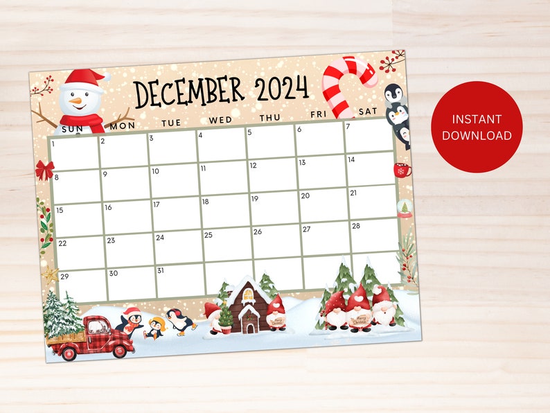 Editable December 2024 Calendar, Printable Christmas Calendar W