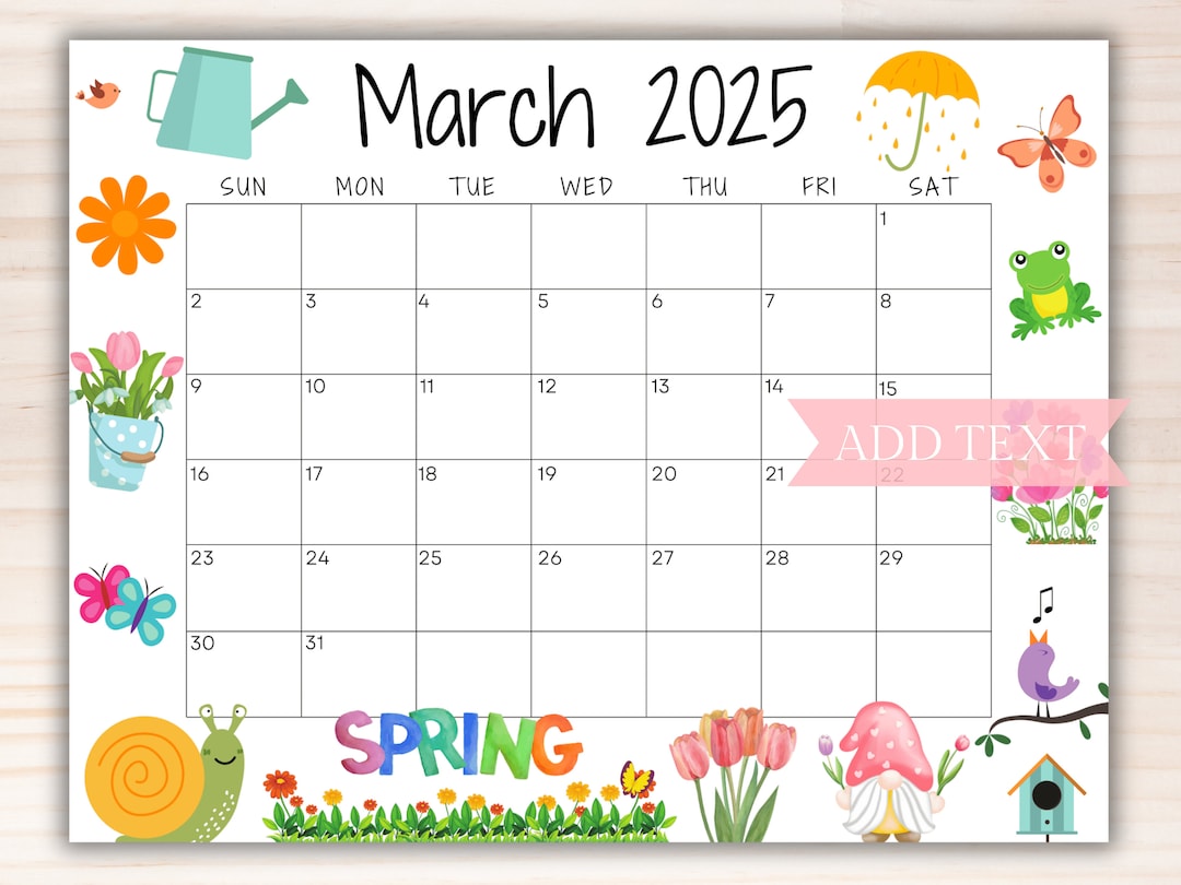 Editable march 2025 calendar, printable wall calendar 2025, beautiful  spring flowers and animals, kids classroom calendar, family calendar - etsy