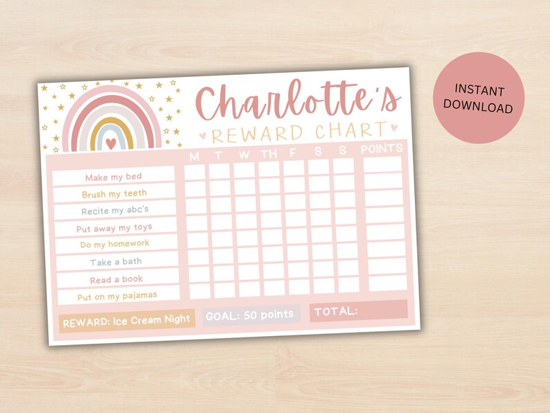 Editable Kids Rainbow Chore Chart Boho Colors, Kids Boho Reward Chart ...