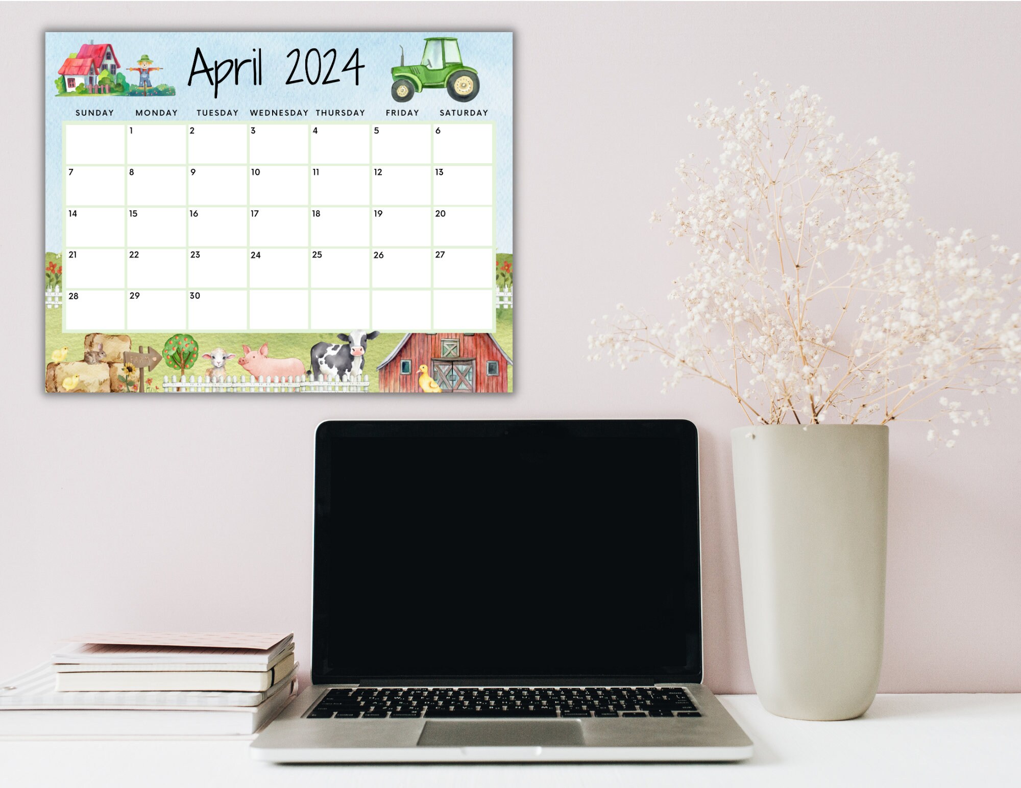 EDITABLE April 2024 Calendar, Printable Farm Calendar W/ Farm Animals