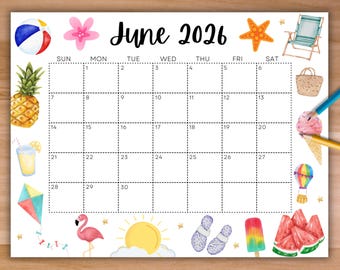 Calendario modificabile di giugno 2026, calendario estivo stampabile con pallone da spiaggia, orario scolastico, calendario per bambini, grazioso calendario di giugno per la scuola domestica