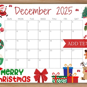 Editable December 2025 Calendar, Printable Calendar w/ Merry Christmas, Holiday Calendar, Homeschool Calendar, Monthly Calendar w/ Santa