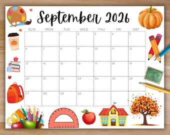 Editable September 2026 Calendar, Printable Calendar w/ Fall Pumpkins, Monthly Calendar, Homeschool Calendar, Kids School Schedule