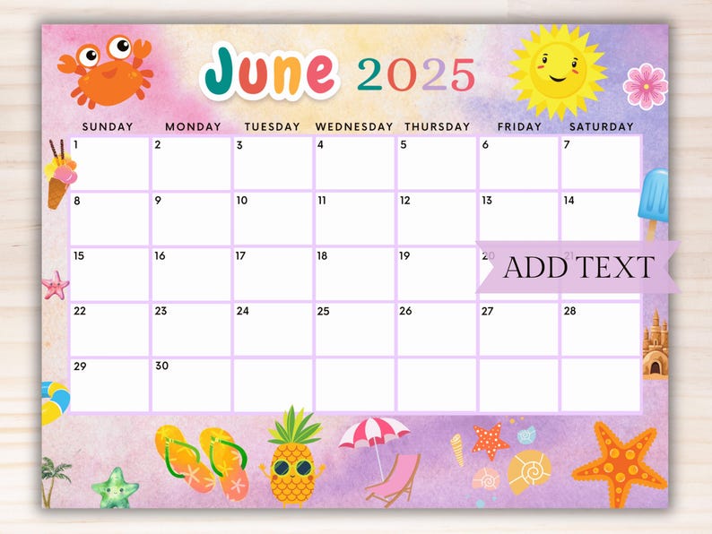 EDITABLE June 2025 Printable Calendar, Summer Fun Calendar, Beautiful