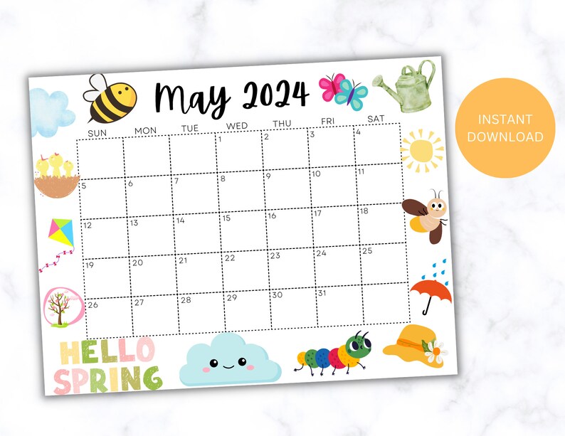 EDITABLE May 2024 Calendar, Printable Calendar 2024, Cute Spring