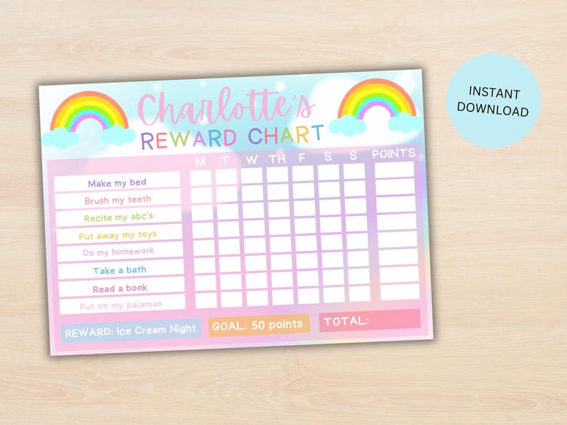 EDITABLE Kids Rainbow Chore Chart, Girls Reward Sticker Chart W/ Cute ...