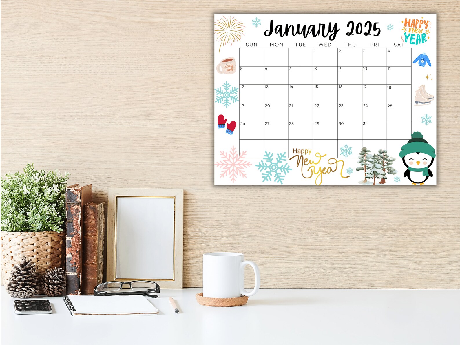 Editable January Calendar 2025, Printable Wall Calendar 2025, Happy New Year Calendar, School