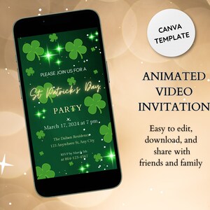 Könnte beinhalten: Animierte Videoeinladung zu einer St. Patricks Day Party. Die Einladung zeigt einen grünen Hintergrund mit Kleeblättern und funkelnden Lichtern. Der Text lautet "Bitte schließen Sie sich uns zu einer St. Patricks Day Party an" mit Datum und Uhrzeit der Party, dem Ort und den RSVP-Informationen.