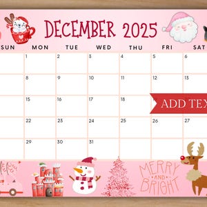 Printable December 2025 Calendar, Editable Christmas Calendar w/ Reindeer, Holiday Calendar, Merry and Bright, Family Calendar, Cute Pink