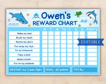 EDITABLE Boys Shark Reward Chart, Ocean Animals Chore Chart, Cute Weekly Chore Chart w/ Sharks, Printable Reward, Kids Blue Chore Chart
