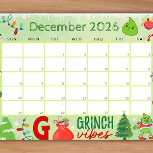 Editable December 2026 Calendar, Printable Calendar w/ Christmas Lights and Christmas Tree, Green Christmas Calendar, Family Calendar