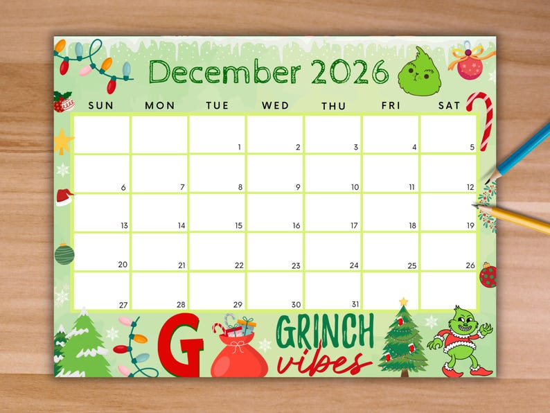 Editable December 2026 Calendar, Printable Calendar w/ Christmas Lights and Christmas Tree, Green Christmas Calendar, Family Calendar